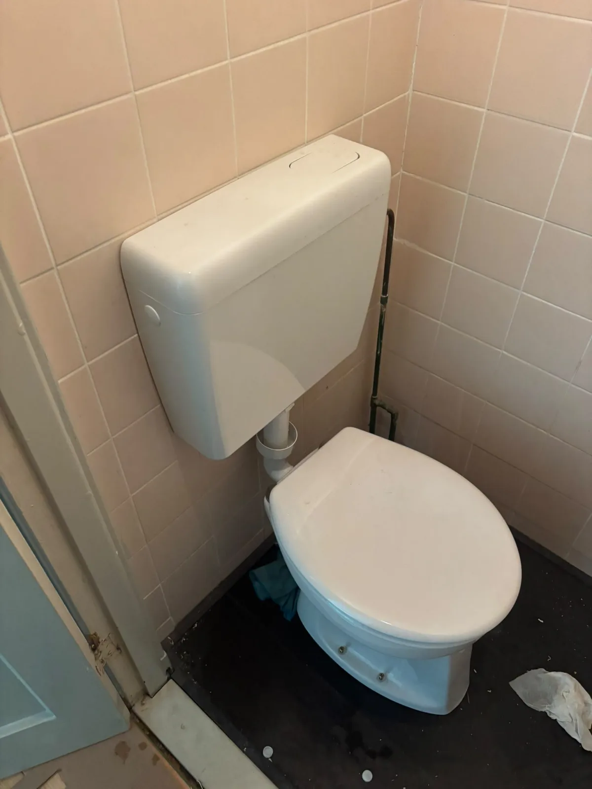 Toiletruimte met roze tegels, water op vloer en duidelijke vochtschade aan houten deurpost.