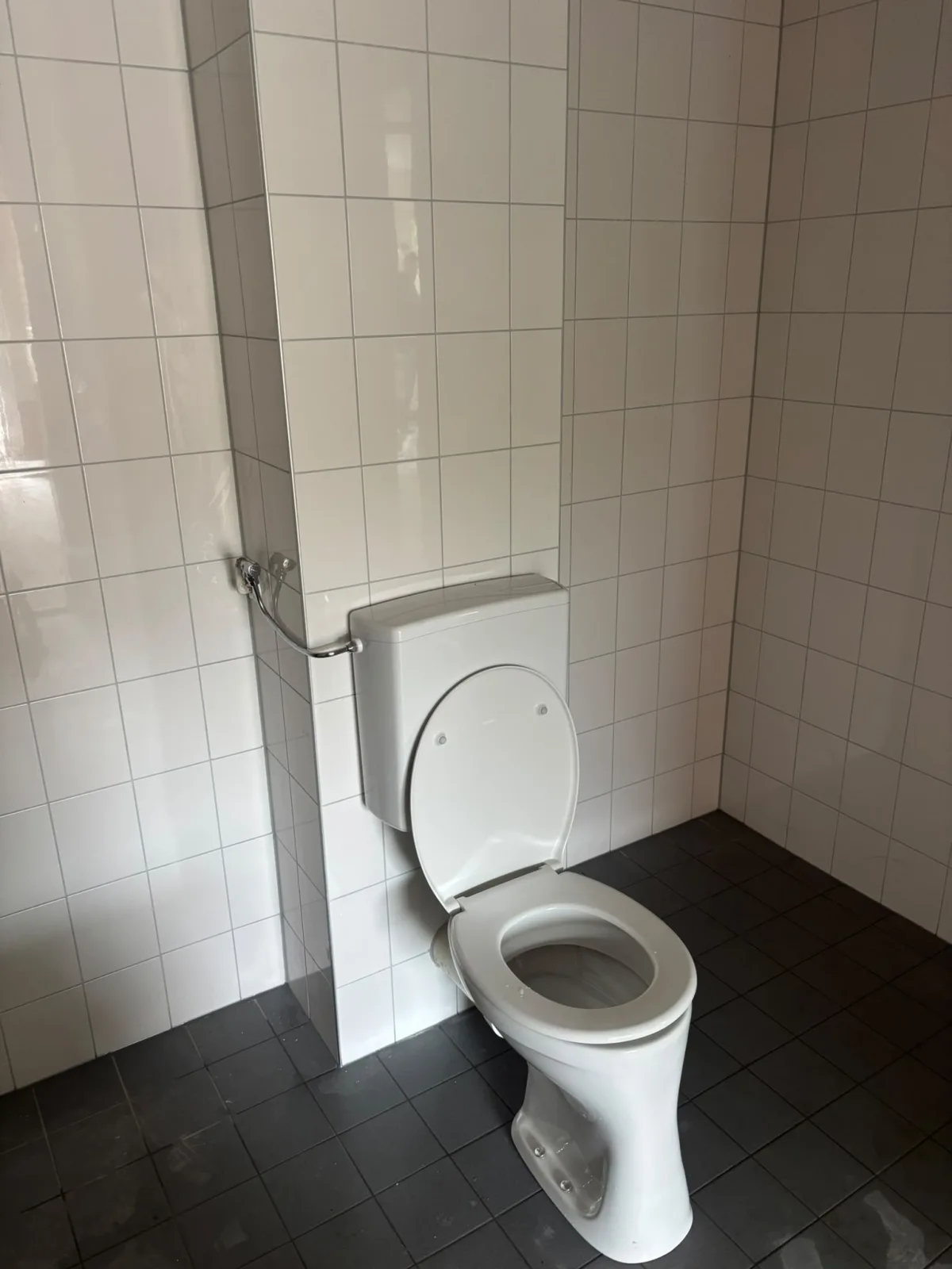 Witte toiletpot in betegelde ruimte, vloer rondom vertoont vochtige plekken.